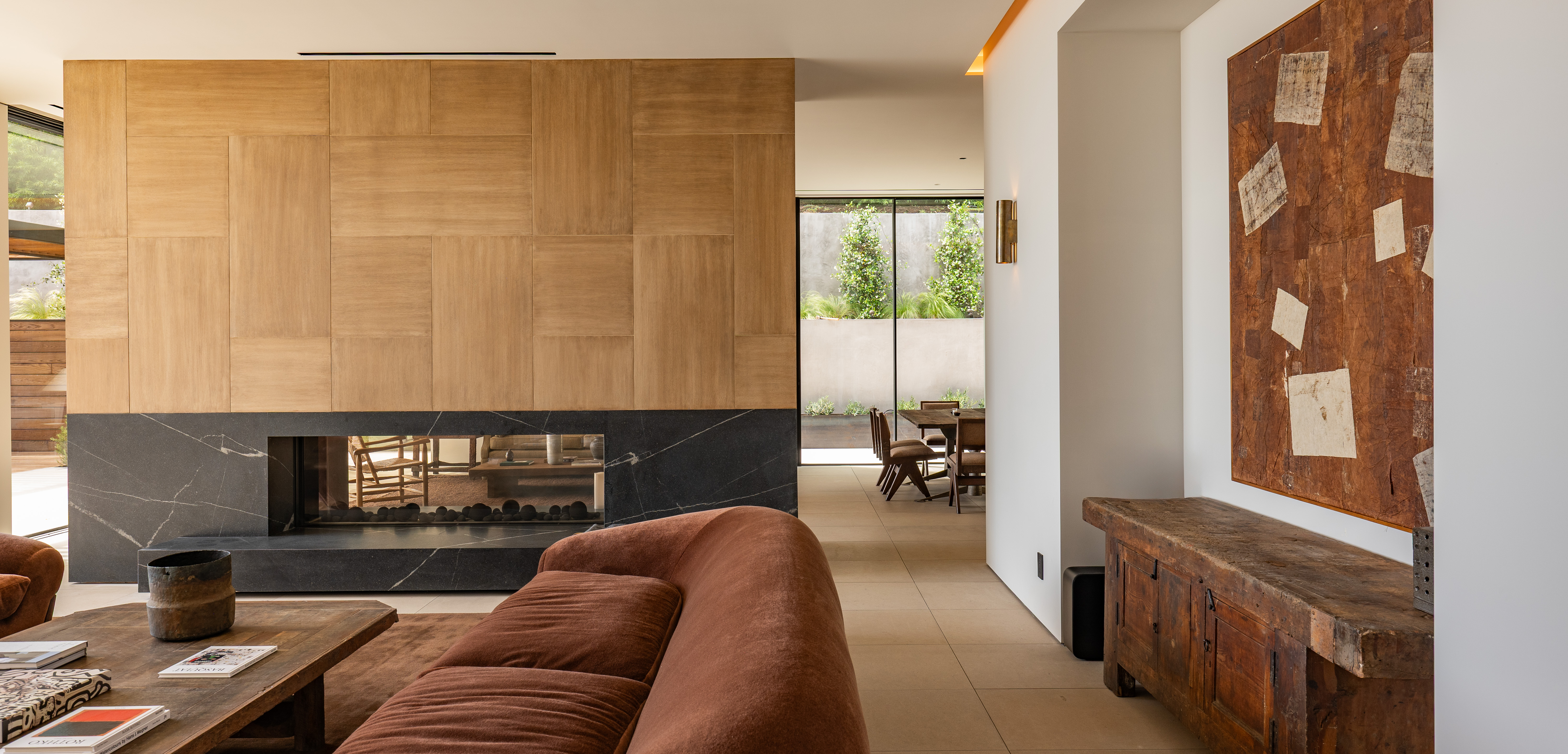 Living room — walnut fireplace surround