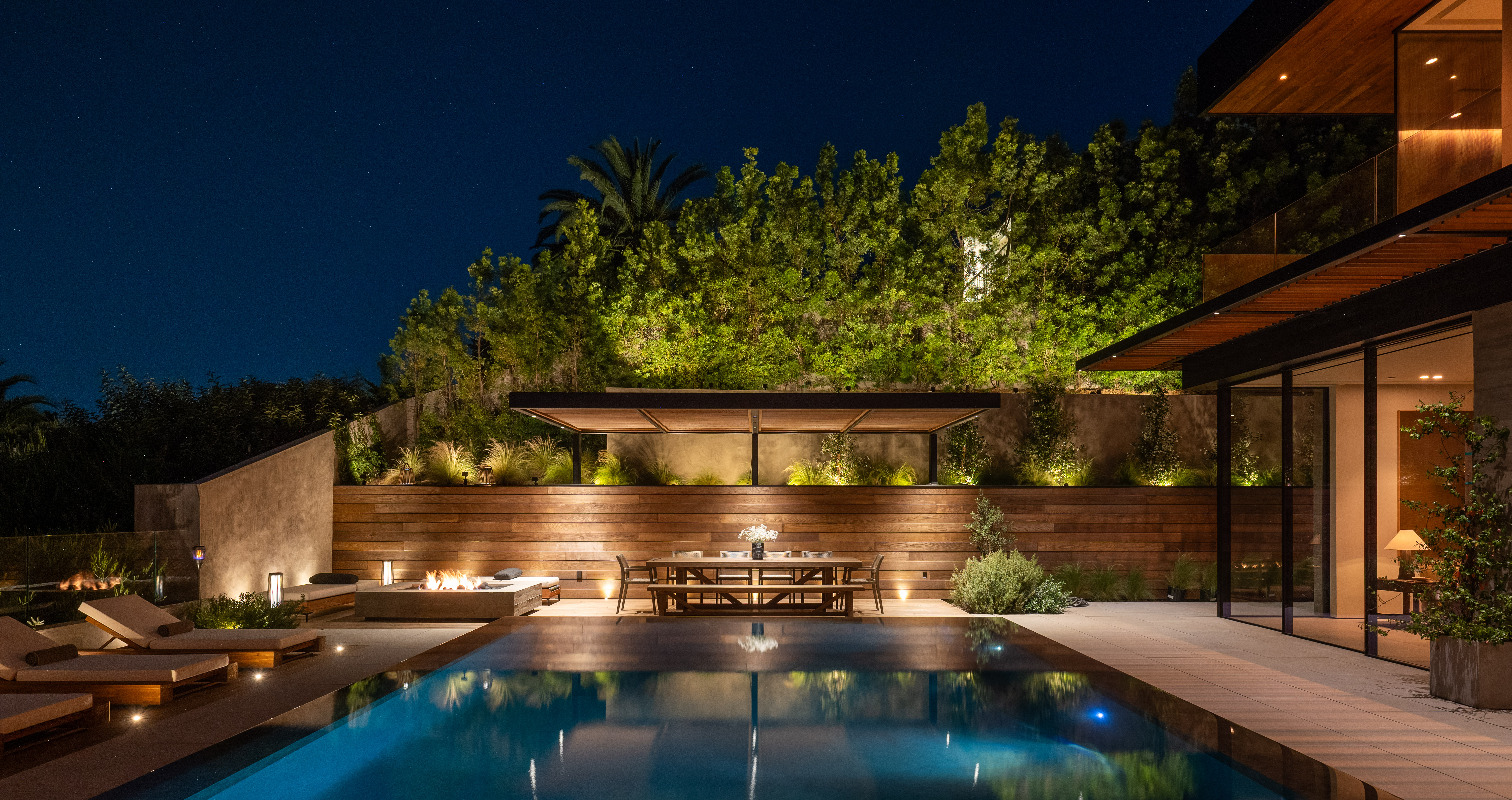 Pool at night — warm-dim lighting